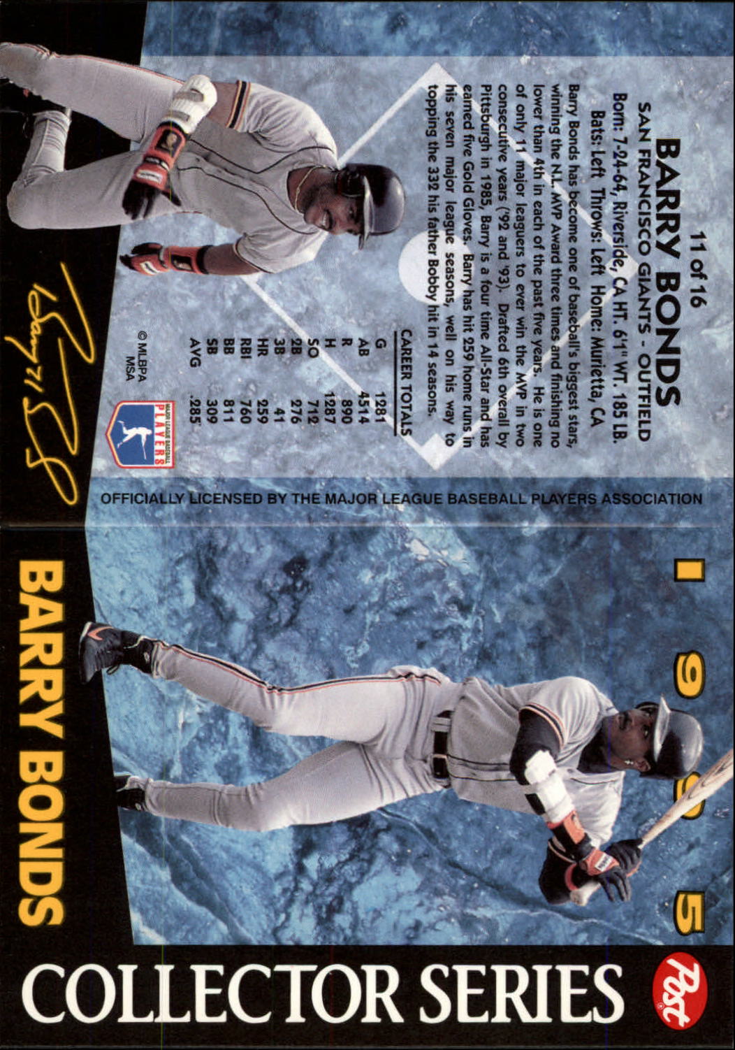 1995 Post #11 Barry Bonds back image