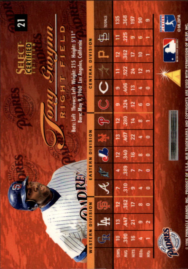 1996 Select Certified #21 Tony Gwynn back image
