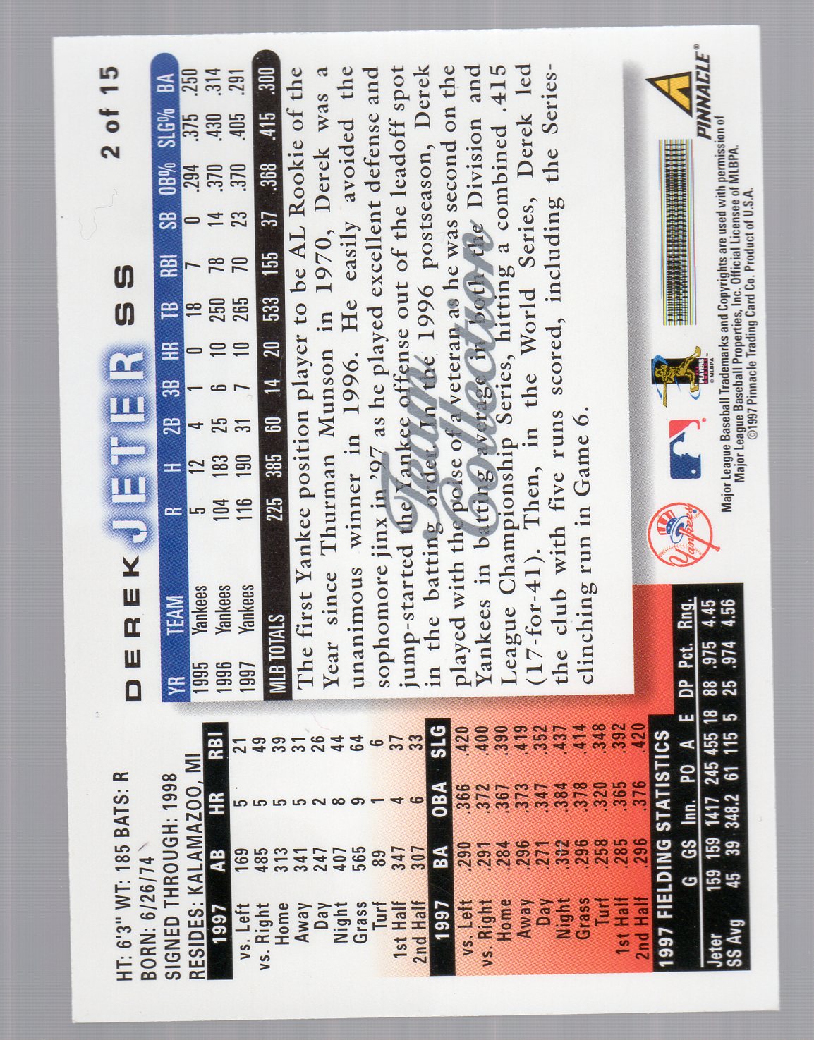 1998 Yankees Score #2 Derek Jeter back image