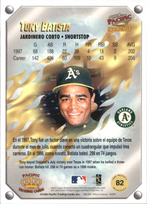1998 Pacific Invincible Gems of the Diamond #82 Tony Batista back image