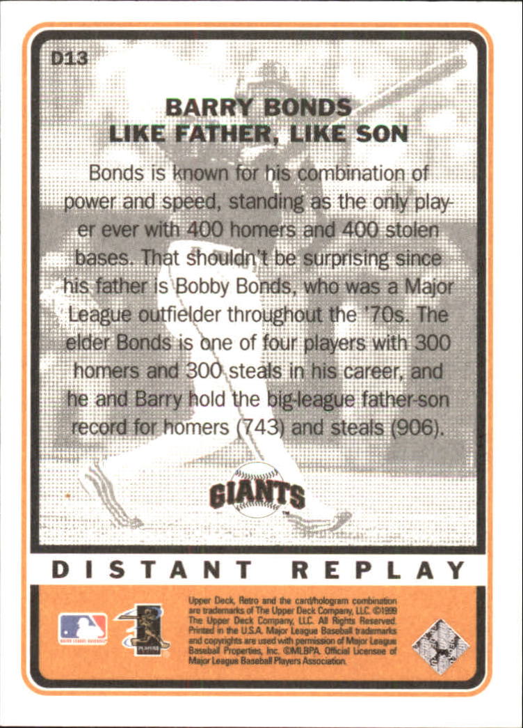 1999 Upper Deck Retro Distant Replay #D13 Barry Bonds back image