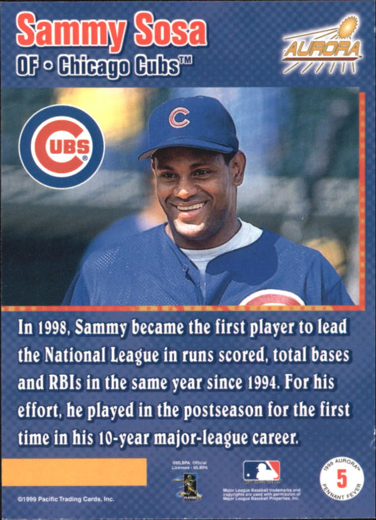 1999 Aurora Pennant Fever #5 Sammy Sosa back image