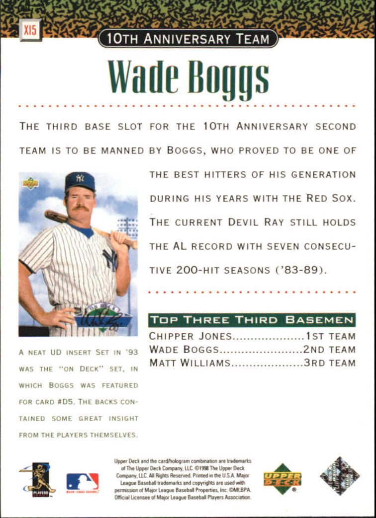 1999 Upper Deck 10th Anniversary Team #X15 Wade Boggs back image