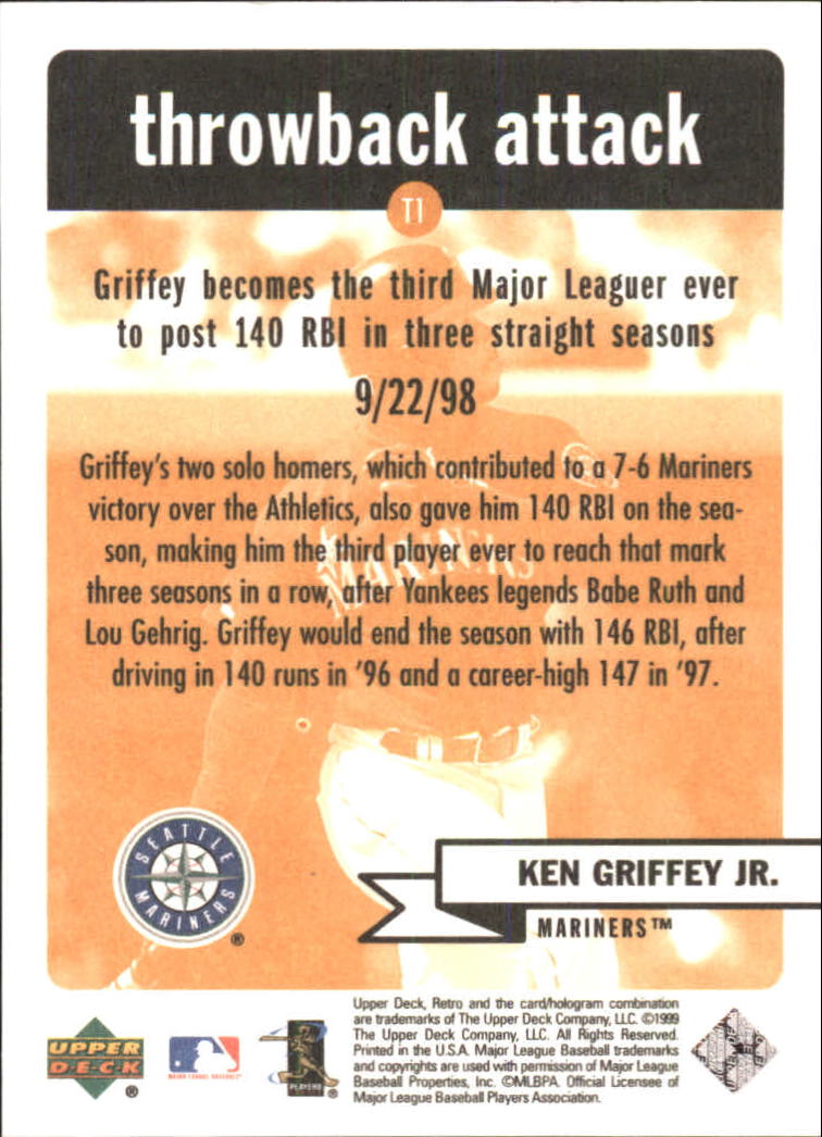 1999 Upper Deck Retro Throwback Attack #T1 Ken Griffey Jr. back image