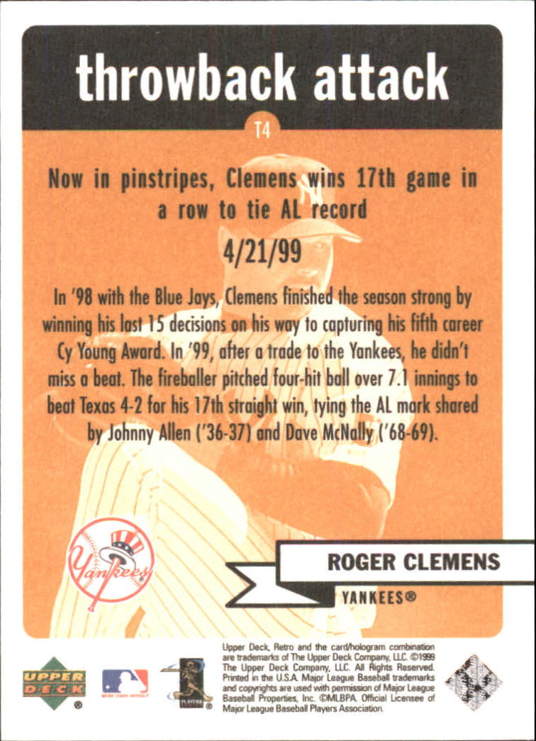 1999 Upper Deck Retro Throwback Attack #T4 Roger Clemens back image