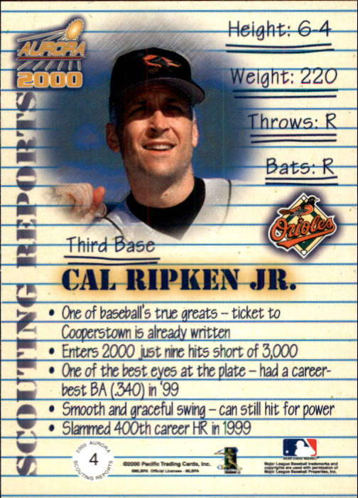 2000 Aurora Scouting Report #4 Cal Ripken back image