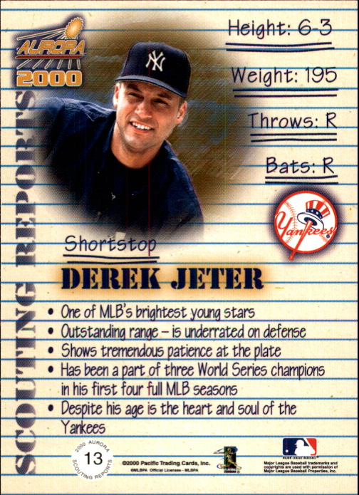 2000 Aurora Scouting Report #13 Derek Jeter back image
