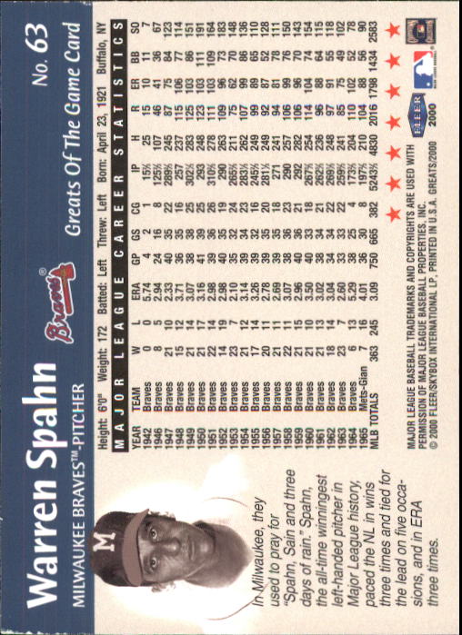 2000 Greats of the Game #63 Warren Spahn back image