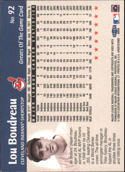 2000 Greats of the Game #92 Lou Boudreau back image