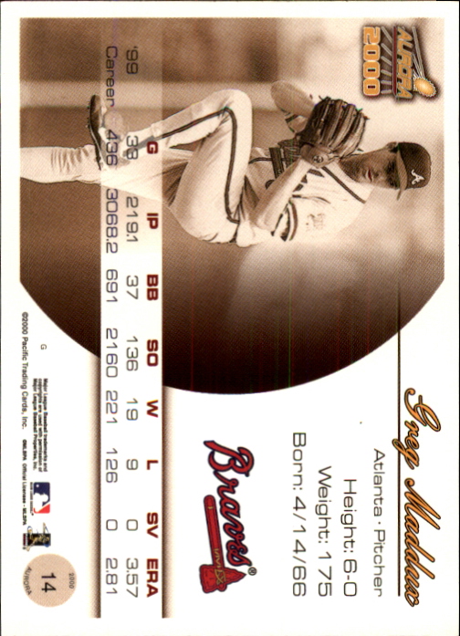 2000 Aurora Pinstripes #14 Greg Maddux back image