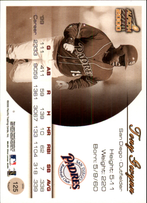 2000 Aurora Pinstripes #125 Tony Gwynn back image