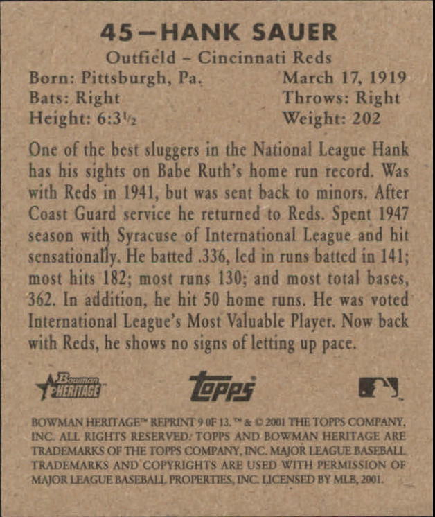 2001 Bowman Heritage 1948 Reprints #9 Hank Sauer back image