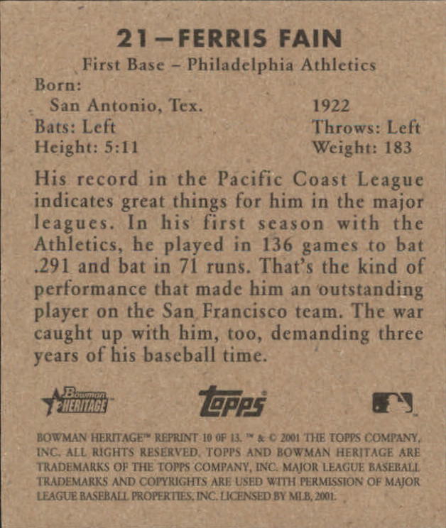 2001 Bowman Heritage 1948 Reprints #10 Ferris Fain back image