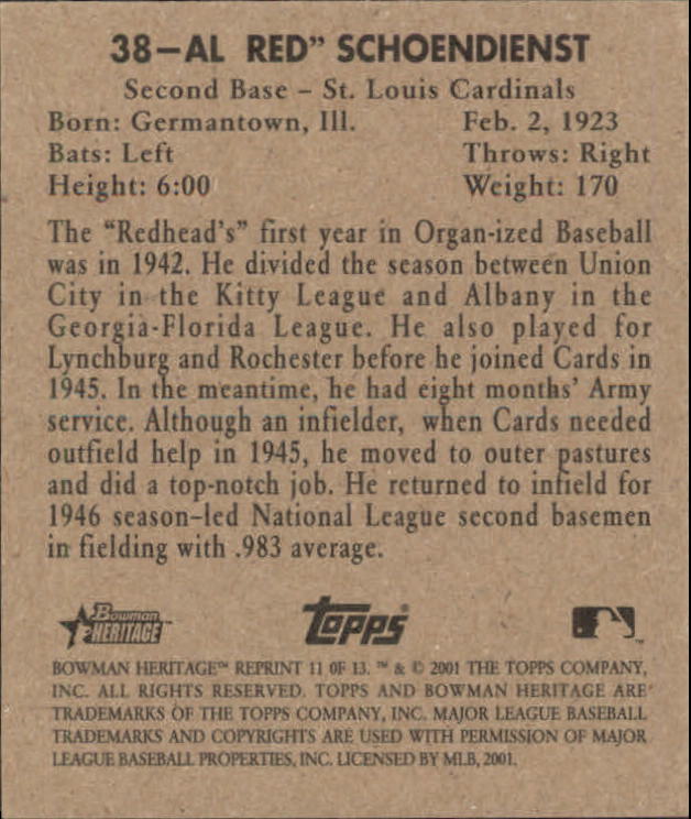 2001 Bowman Heritage 1948 Reprints #11 Red Schoendienst back image