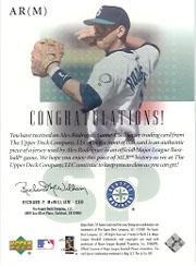 2001 SP Game Used Edition Authentic Fabric #ARM Alex Rodriguez Mariners DP back image