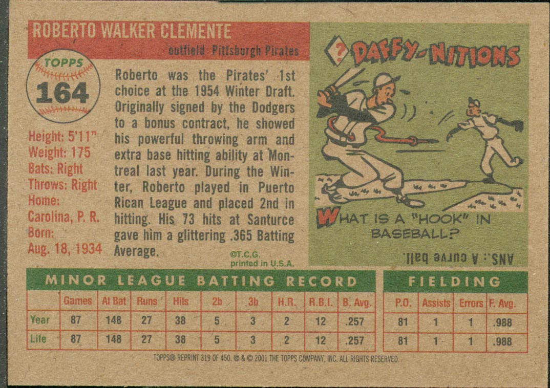 2001 Topps Archives #319 Roberto Clemente 55 back image