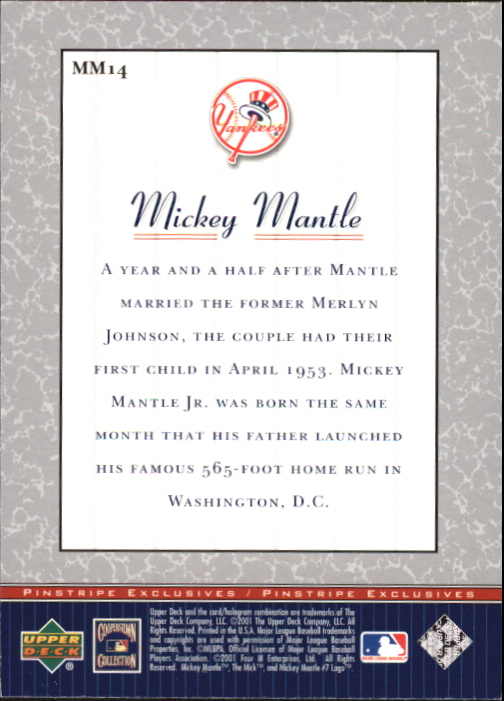 2001 Upper Deck Pinstripe Exclusives Mantle #MM14 Mickey Mantle back image