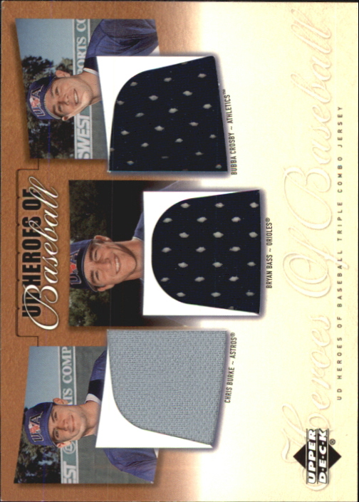 2001 Upper Deck Prospect Premieres Heroes of Baseball Game Jersey Trios #BBC Chris Burke/Bryan Bass/Bobby Crosby UER