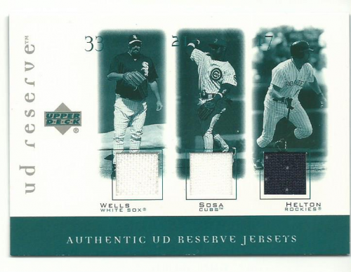 2001 UD Reserve Game Jersey Trios #JWSH D.Wells/Sosa/Helt