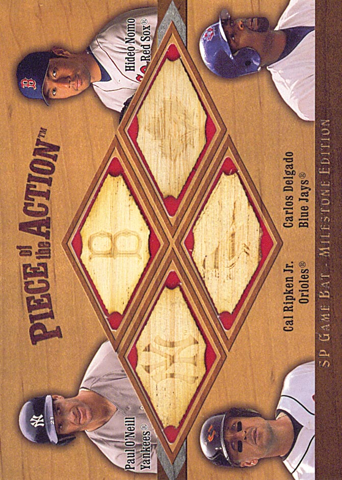 2001 SP Game Bat Milestone Piece of Action Quads #ONRD Paul O'Neill/Hideo Nomo/Cal Ripken/Carlos Delgado