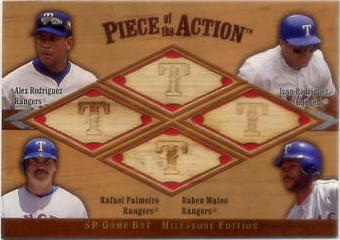 2001 SP Game Bat Milestone Piece of Action Quads #RRPM Alex Rodriguez/Ivan Rodriguez/Rafael Palmeiro/Ruben Mateo