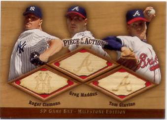 2001 SP Game Bat Milestone Piece of Action Trios #CMG Roger Clemens/Greg Maddux/Tom Glavine