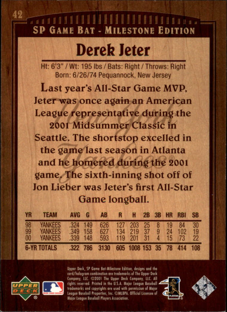 2001 SP Game Bat Milestone #42 Derek Jeter back image