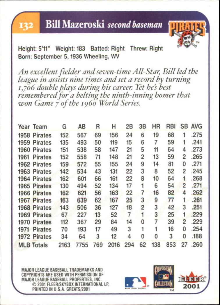 2001 Greats of the Game #132 Bill Mazeroski back image