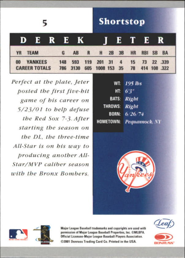 2001 Leaf Certified Materials #5 Derek Jeter back image