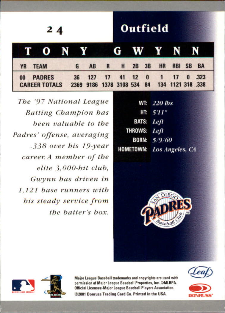 2001 Leaf Certified Materials #24 Tony Gwynn back image