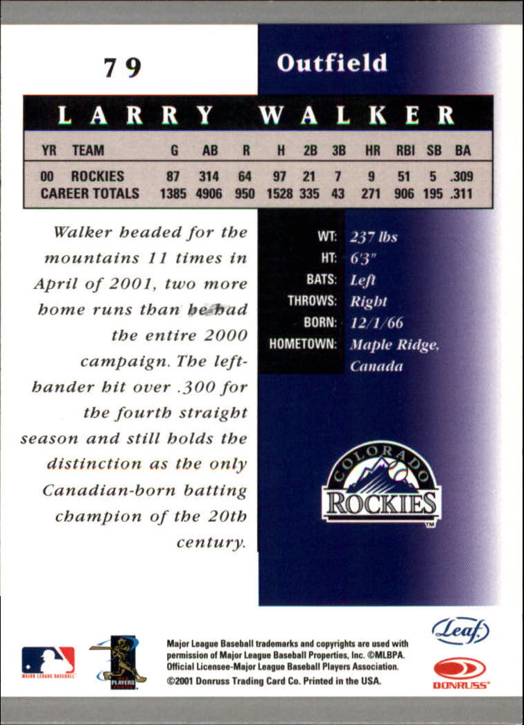 2001 Leaf Certified Materials #79 Larry Walker back image