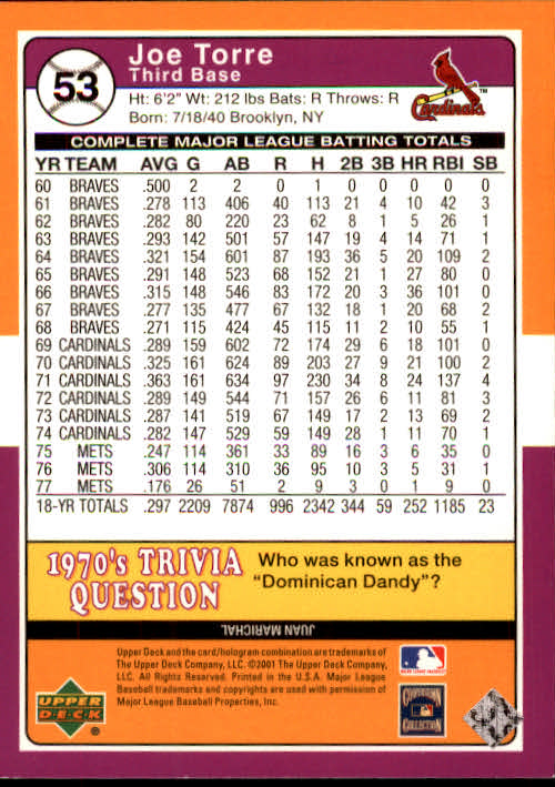 2001 Upper Deck Decade 1970's #53 Joe Torre back image