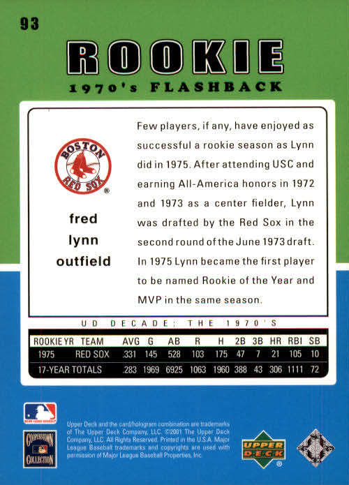 2001 Upper Deck Decade 1970's #93 Fred Lynn RF back image