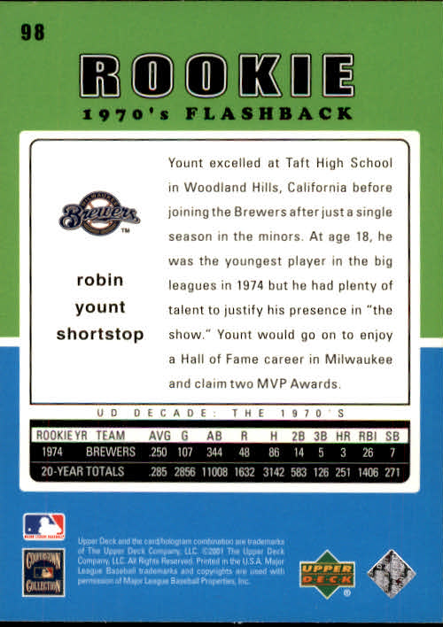 2001 Upper Deck Decade 1970's #98 Robin Yount RF back image