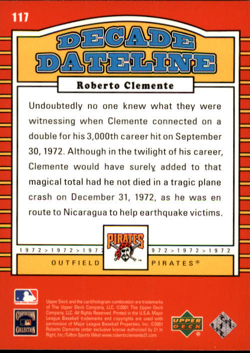 2001 Upper Deck Decade 1970's #117 Roberto Clemente DD back image