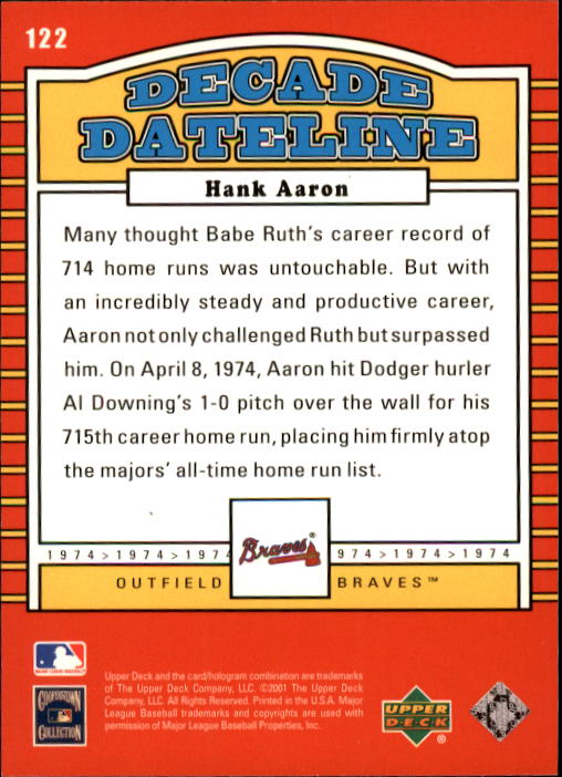 2001 Upper Deck Decade 1970's #122 Hank Aaron DD back image
