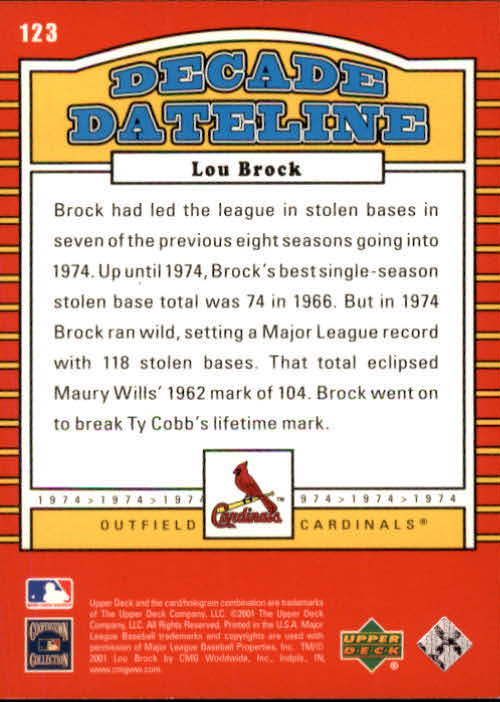 2001 Upper Deck Decade 1970's #123 Lou Brock DD back image