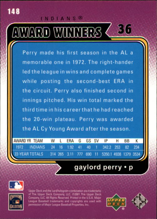 2001 Upper Deck Decade 1970's #148 Gaylord Perry AW back image