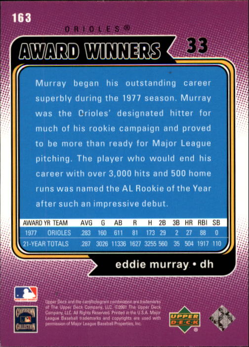 2001 Upper Deck Decade 1970's #163 Eddie Murray AW back image