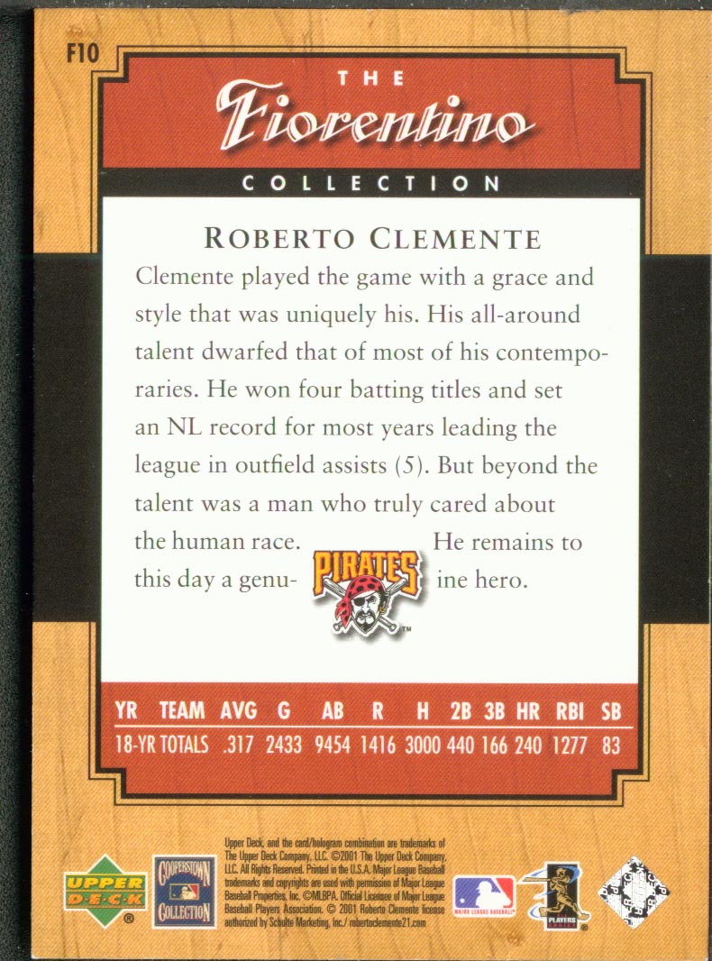 2001 Upper Deck Legends Fiorentino Collection #F10 Roberto Clemente back image