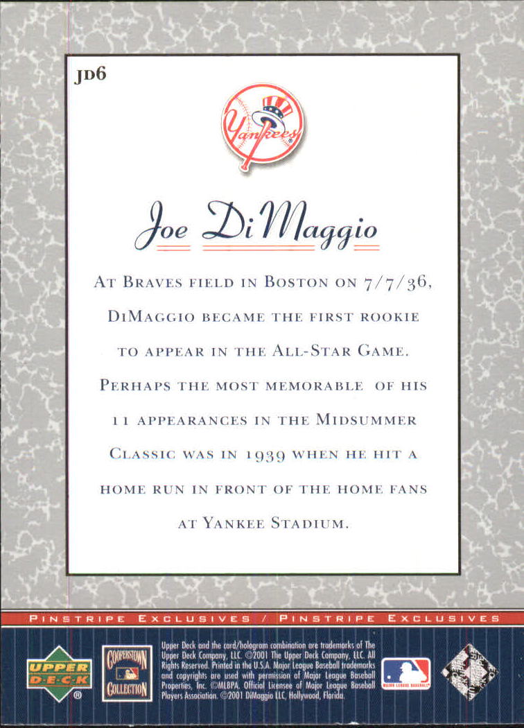 2001 Upper Deck Pinstripe Exclusives DiMaggio #JD6 Joe DiMaggio back image