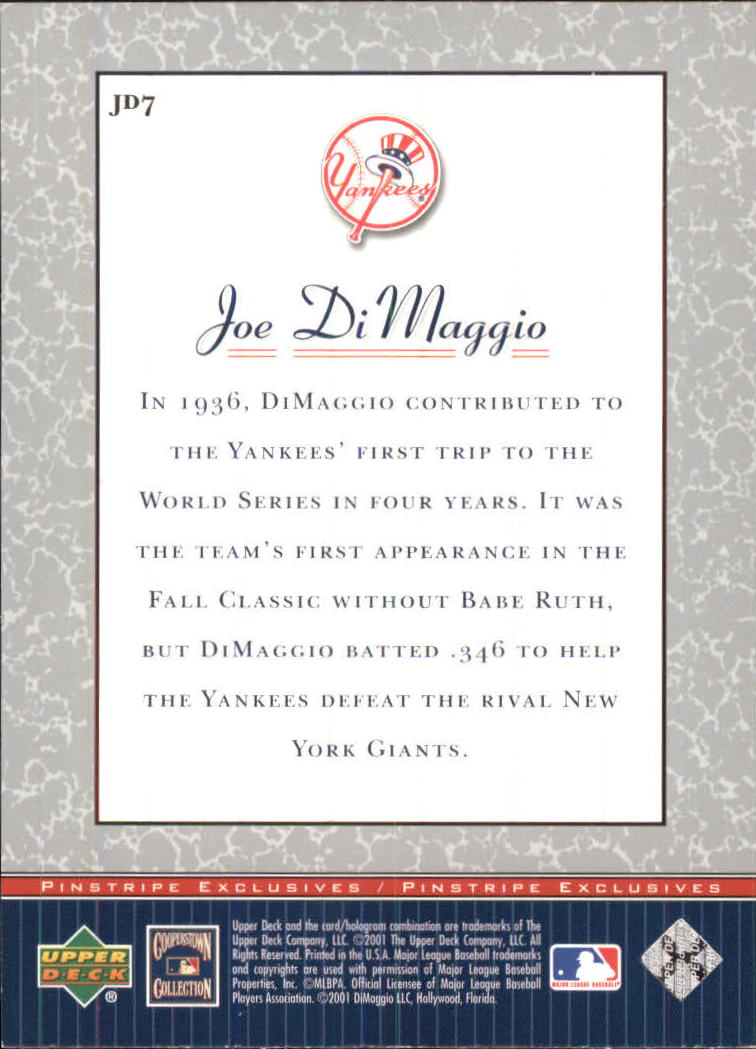 2001 Upper Deck Pinstripe Exclusives DiMaggio #JD7 Joe DiMaggio back image