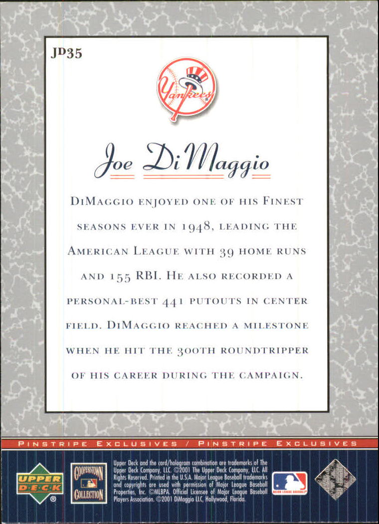 2001 Upper Deck Pinstripe Exclusives DiMaggio #JD35 Joe DiMaggio back image