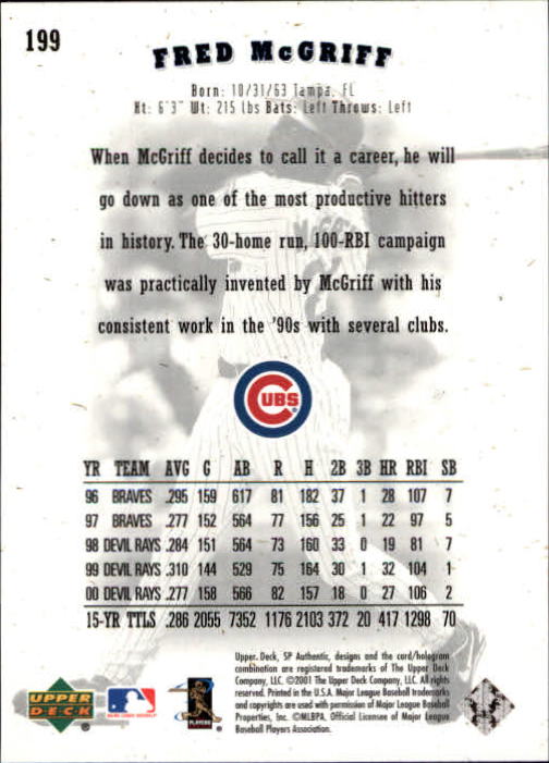 2001 SP Authentic #199 Fred McGriff back image
