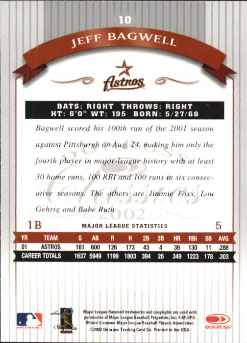2002 Donruss Classics #10 Jeff Bagwell back image