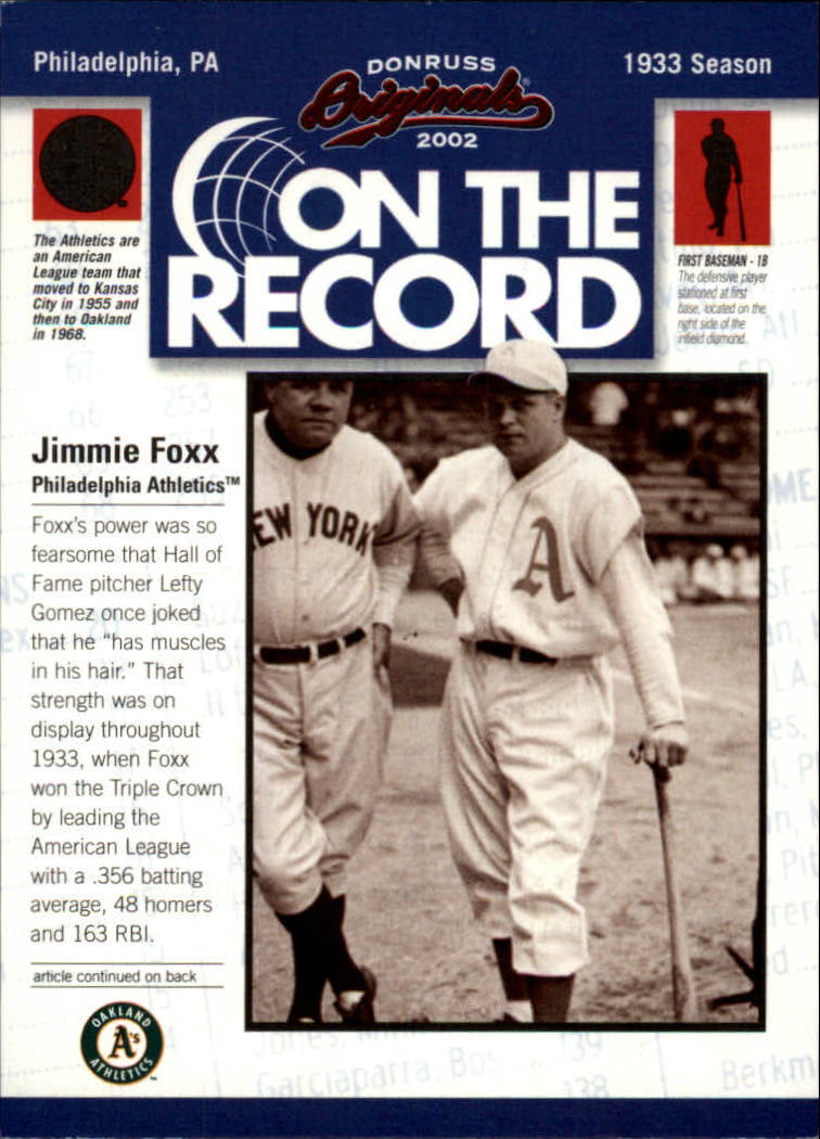 2002 Donruss Originals On The Record #2 Jimmie Foxx