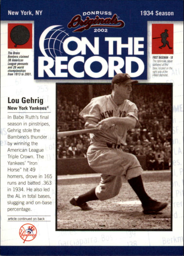 2002 Donruss Originals On The Record #3 Lou Gehrig
