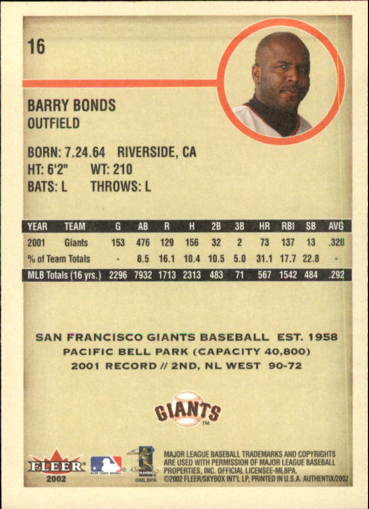2002 Fleer Authentix #16 Barry Bonds back image