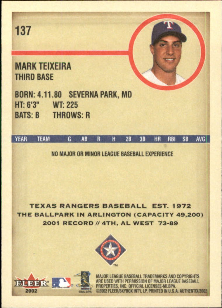 2002 Fleer Authentix #137 Mark Teixeira FS back image