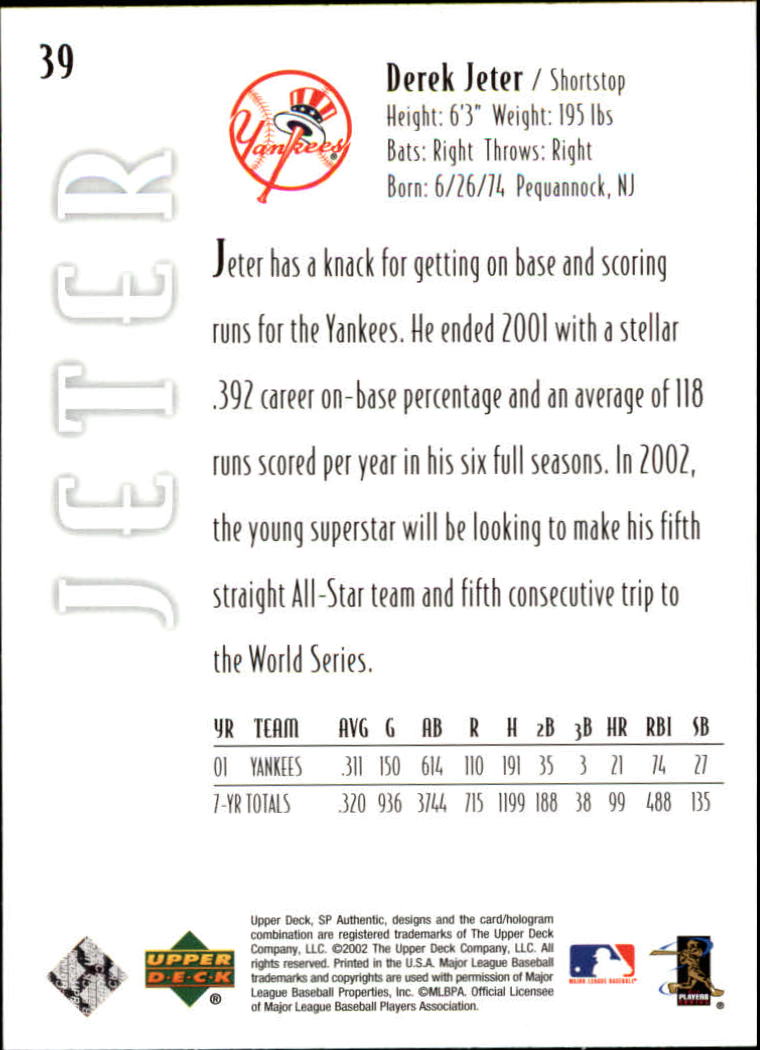 2002 SP Authentic #39 Derek Jeter back image